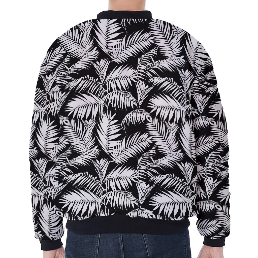 Black And White Palm Leaves Print Zip Sleeve Bomber Jacket