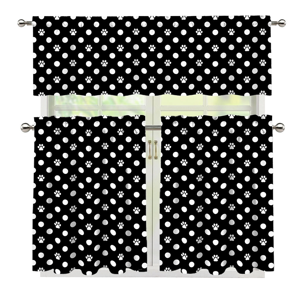 Black And White Paw And Polka Dot Print 3 Piece Kitchen Curtains