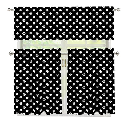 Black And White Paw And Polka Dot Print 3 Piece Kitchen Curtains
