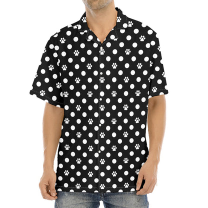 Black And White Paw And Polka Dot Print Aloha Shirt