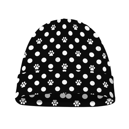 Black And White Paw And Polka Dot Print Beanie