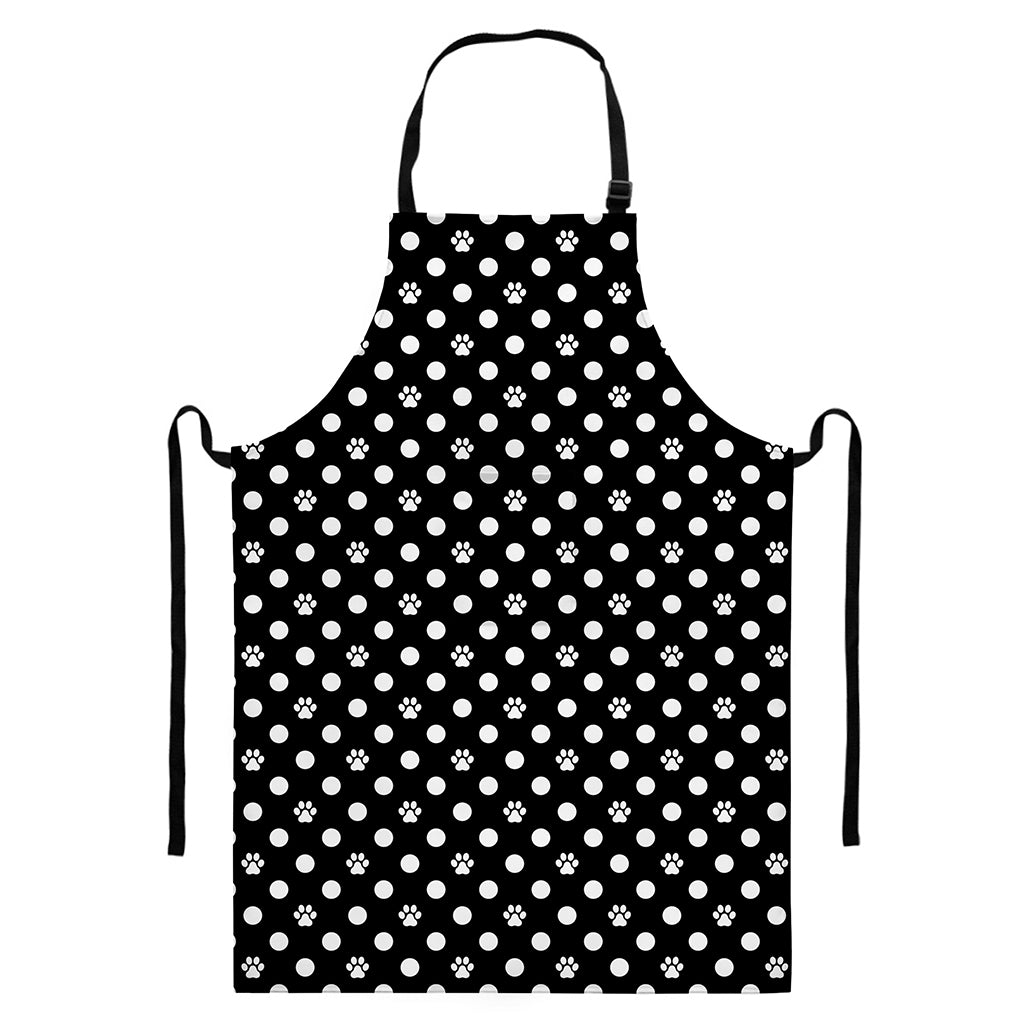 Black And White Paw And Polka Dot Print Bib Apron With Pocket