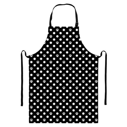 Black And White Paw And Polka Dot Print Bib Apron With Pocket