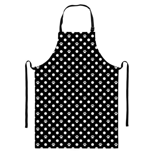 Black And White Paw And Polka Dot Print Bib Apron With Pocket