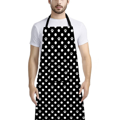 Black And White Paw And Polka Dot Print Bib Apron With Pocket