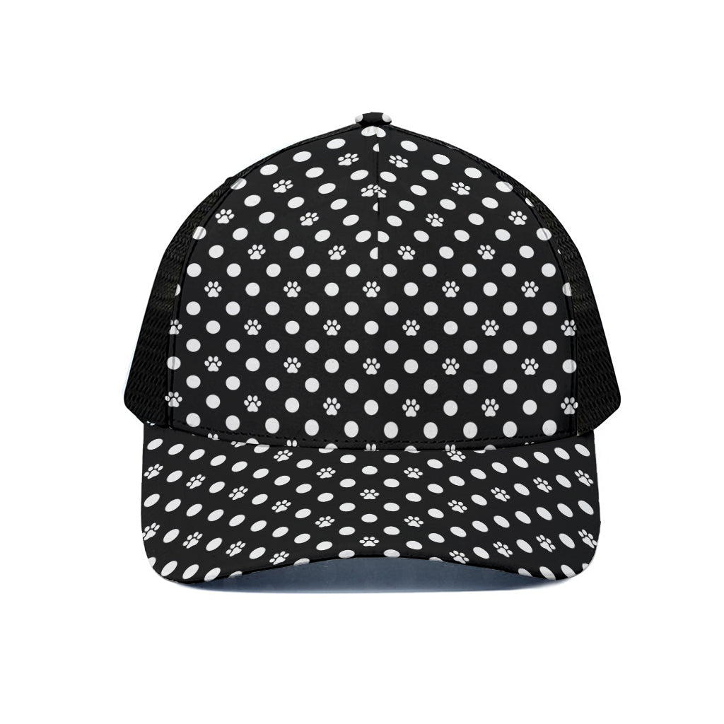 Black And White Paw And Polka Dot Print Black Mesh Trucker Cap