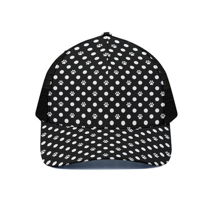 Black And White Paw And Polka Dot Print Black Mesh Trucker Cap