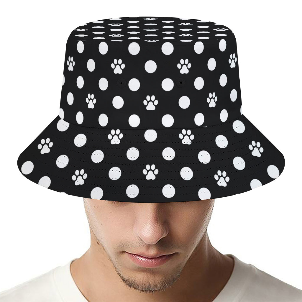 Black And White Paw And Polka Dot Print Bucket Hat