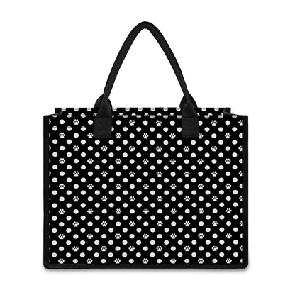 Black And White Paw And Polka Dot Print Canvas Tote Bag