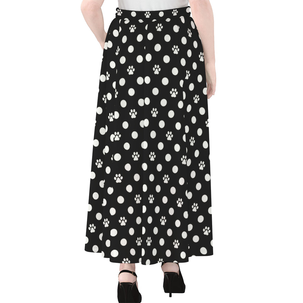 Black And White Paw And Polka Dot Print Chiffon Maxi Skirt