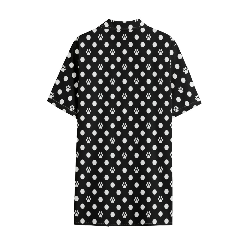 Black And White Paw And Polka Dot Print Cotton Hawaiian Shirt