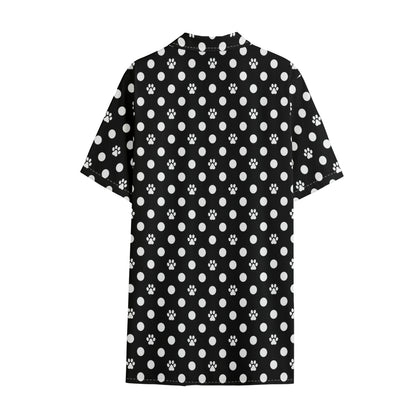 Black And White Paw And Polka Dot Print Cotton Hawaiian Shirt