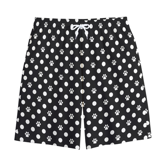 Black And White Paw And Polka Dot Print Cotton Shorts