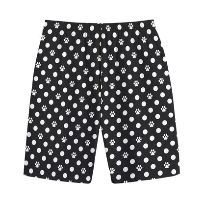 Black And White Paw And Polka Dot Print Cotton Shorts