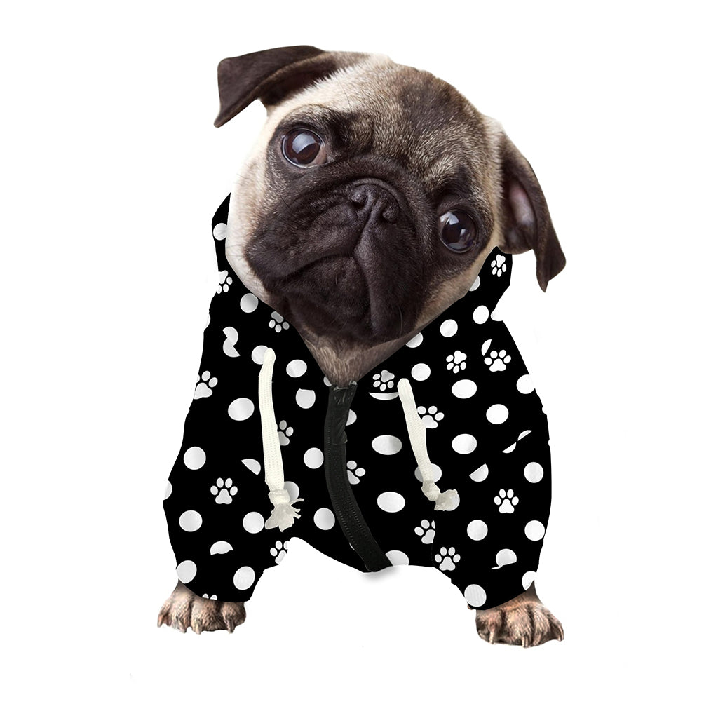 Black And White Paw And Polka Dot Print Dog Zip Up Hoodie