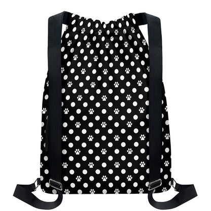 Black And White Paw And Polka Dot Print Drawstring Backpack