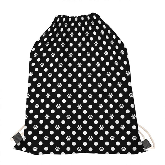 Black And White Paw And Polka Dot Print Drawstring Bag