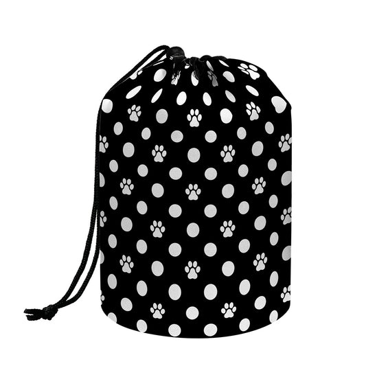 Black And White Paw And Polka Dot Print Drawstring Makeup Bag