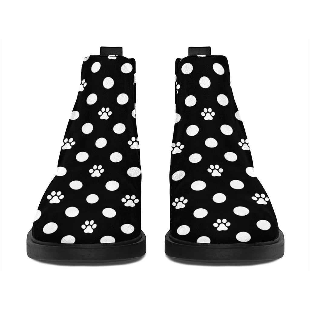 Black And White Paw And Polka Dot Print Flat Ankle Boots