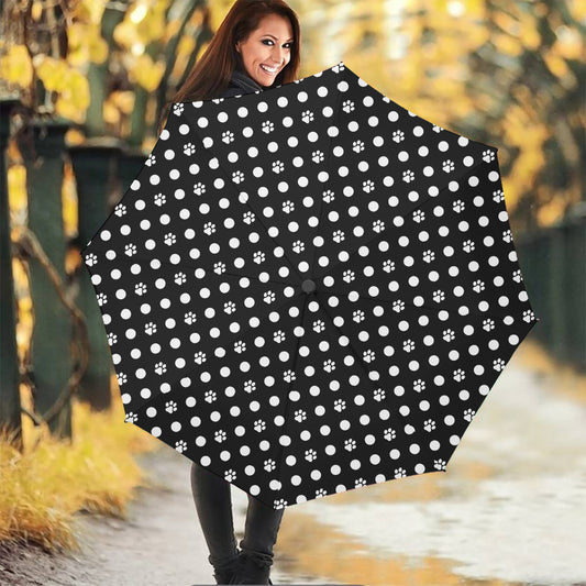 Black And White Paw And Polka Dot Print Foldable Umbrella