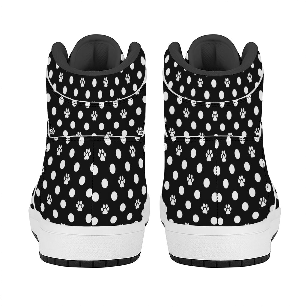 Black And White Paw And Polka Dot Print High Top Leather Sneakers