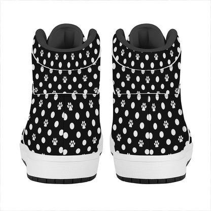 Black And White Paw And Polka Dot Print High Top Leather Sneakers