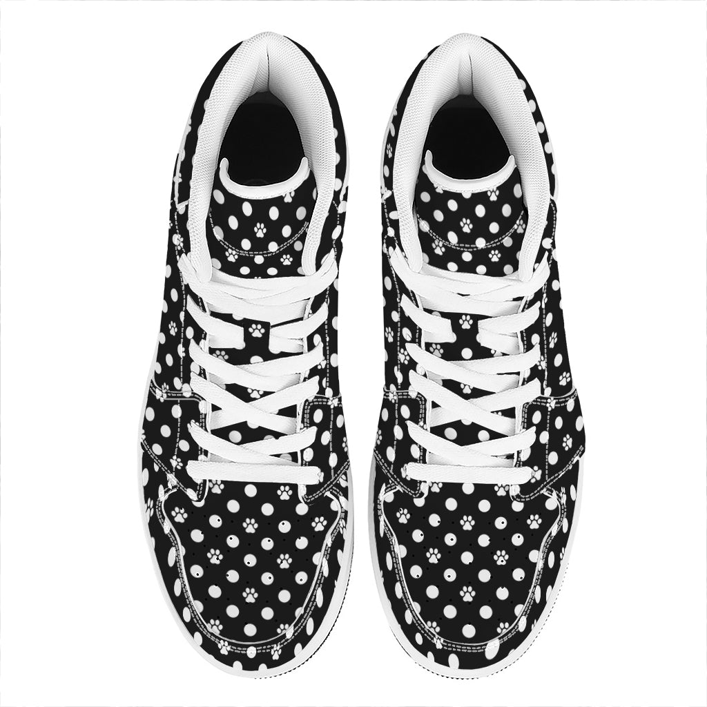 Black And White Paw And Polka Dot Print High Top Leather Sneakers