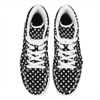 Black And White Paw And Polka Dot Print High Top Leather Sneakers