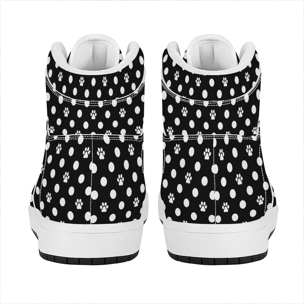 Black And White Paw And Polka Dot Print High Top Leather Sneakers