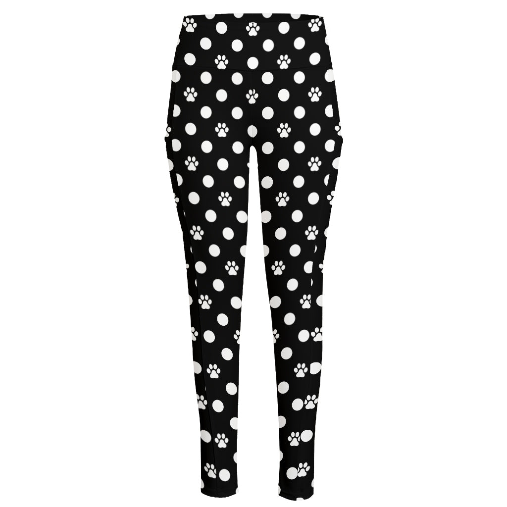 Black And White Paw And Polka Dot Print High-Waisted Pocket Leggings