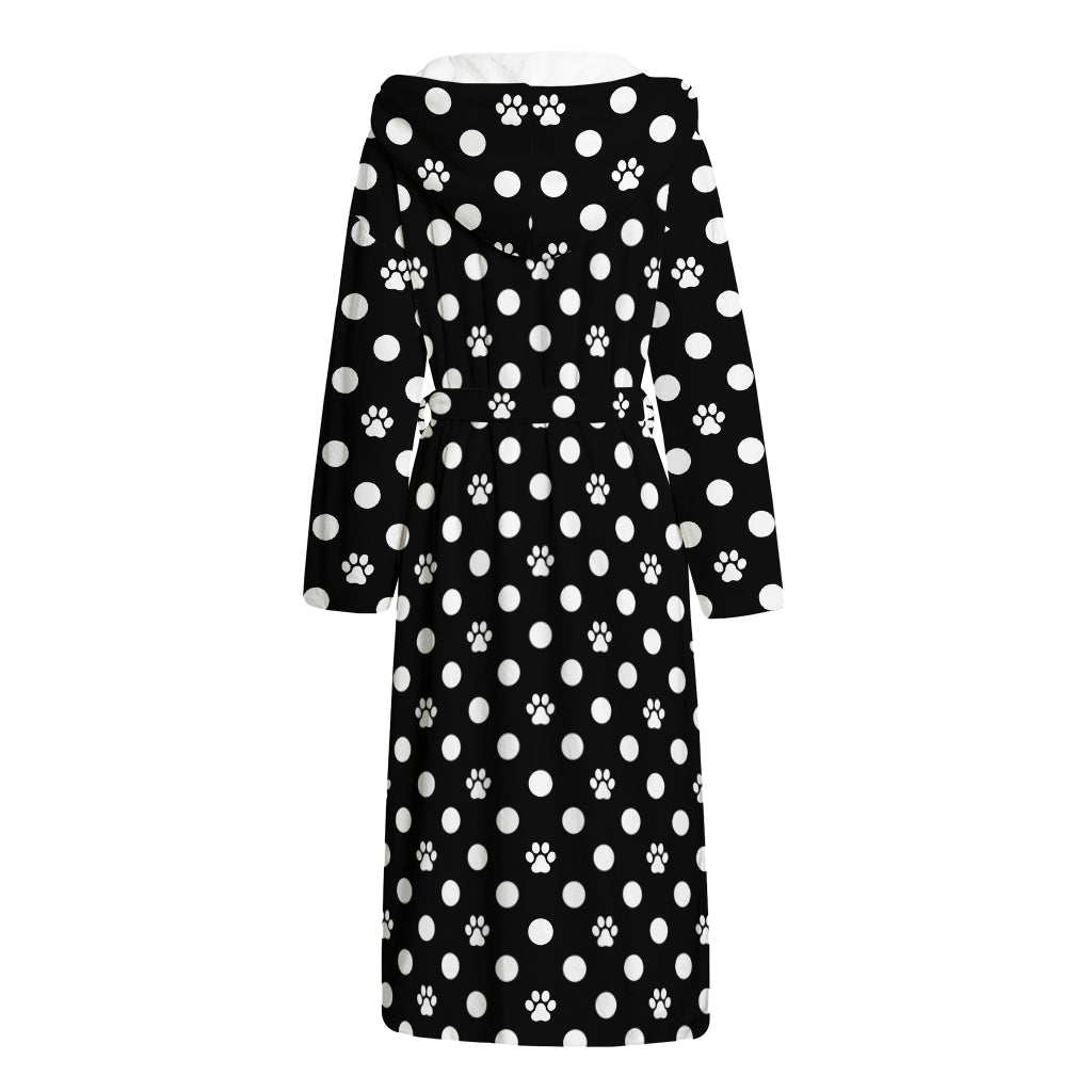 Black And White Paw And Polka Dot Print Hooded Bathrobe