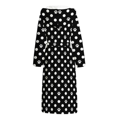 Black And White Paw And Polka Dot Print Hooded Bathrobe