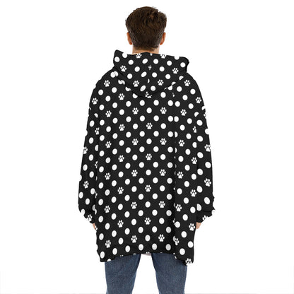 Black And White Paw And Polka Dot Print Hoodie Blanket