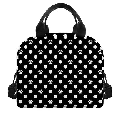Black And White Paw And Polka Dot Print Insulated Lunch Bag