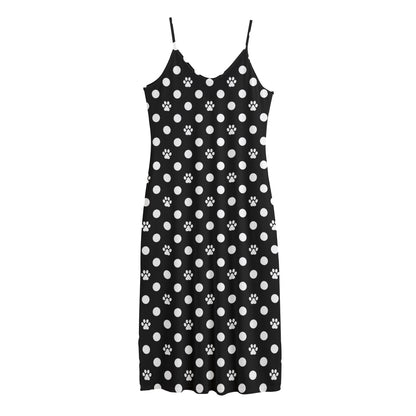 Black And White Paw And Polka Dot Print Jersey Midi Cami Dress
