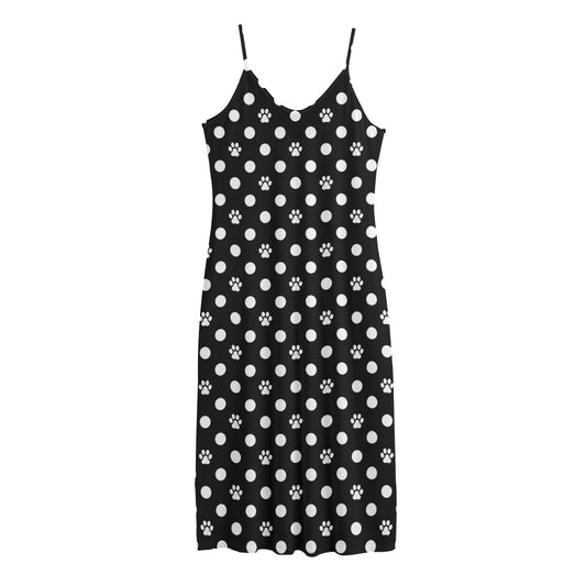 Black And White Paw And Polka Dot Print Jersey Midi Cami Dress