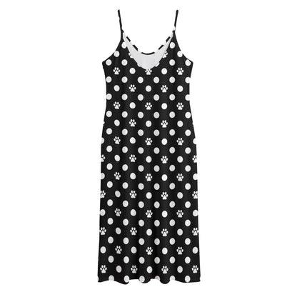 Black And White Paw And Polka Dot Print Jersey Midi Cami Dress