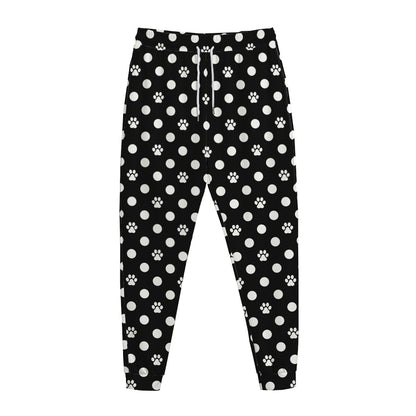 Black And White Paw And Polka Dot Print Jogger Pants