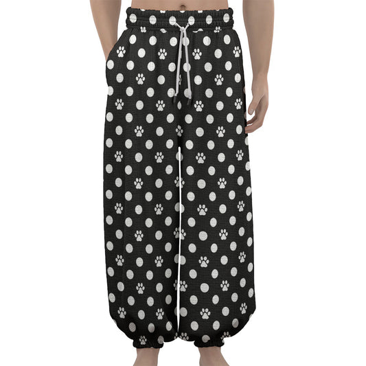 Black And White Paw And Polka Dot Print Lantern Pants