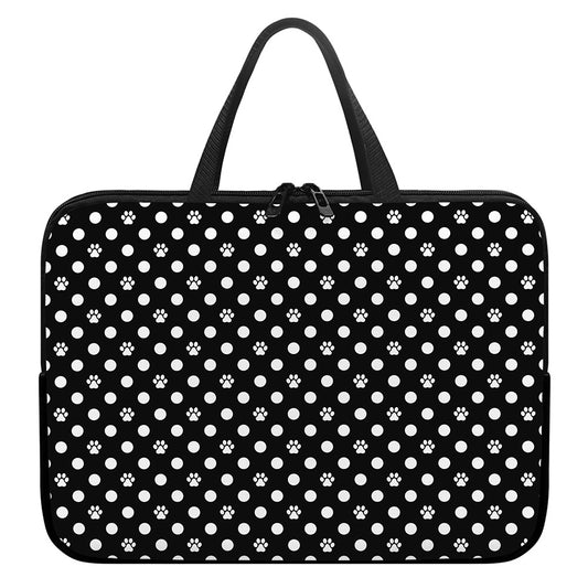 Black And White Paw And Polka Dot Print Laptop Sleeve With Handle