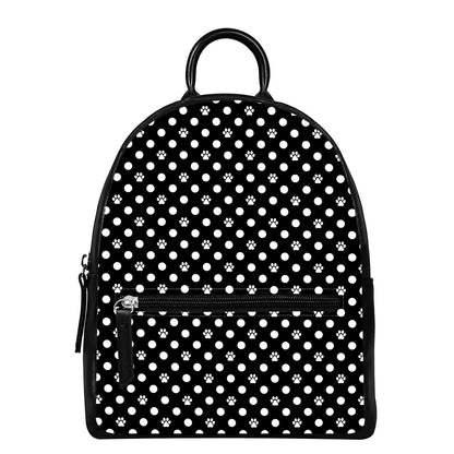 Black And White Paw And Polka Dot Print Leather Backpack