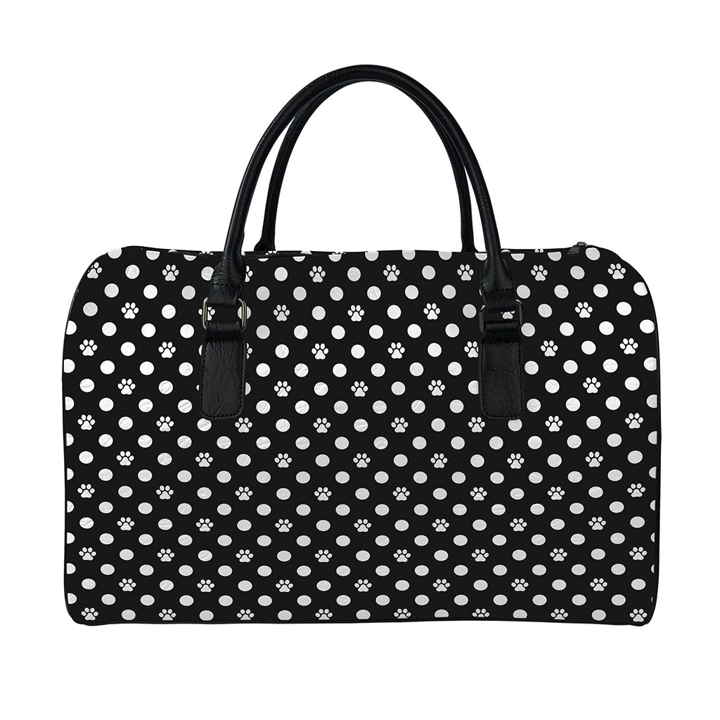 Black And White Paw And Polka Dot Print Leather Duffle Bag