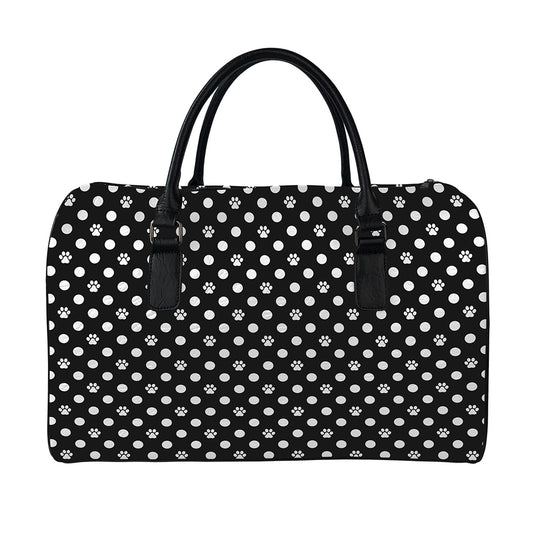 Black And White Paw And Polka Dot Print Leather Duffle Bag