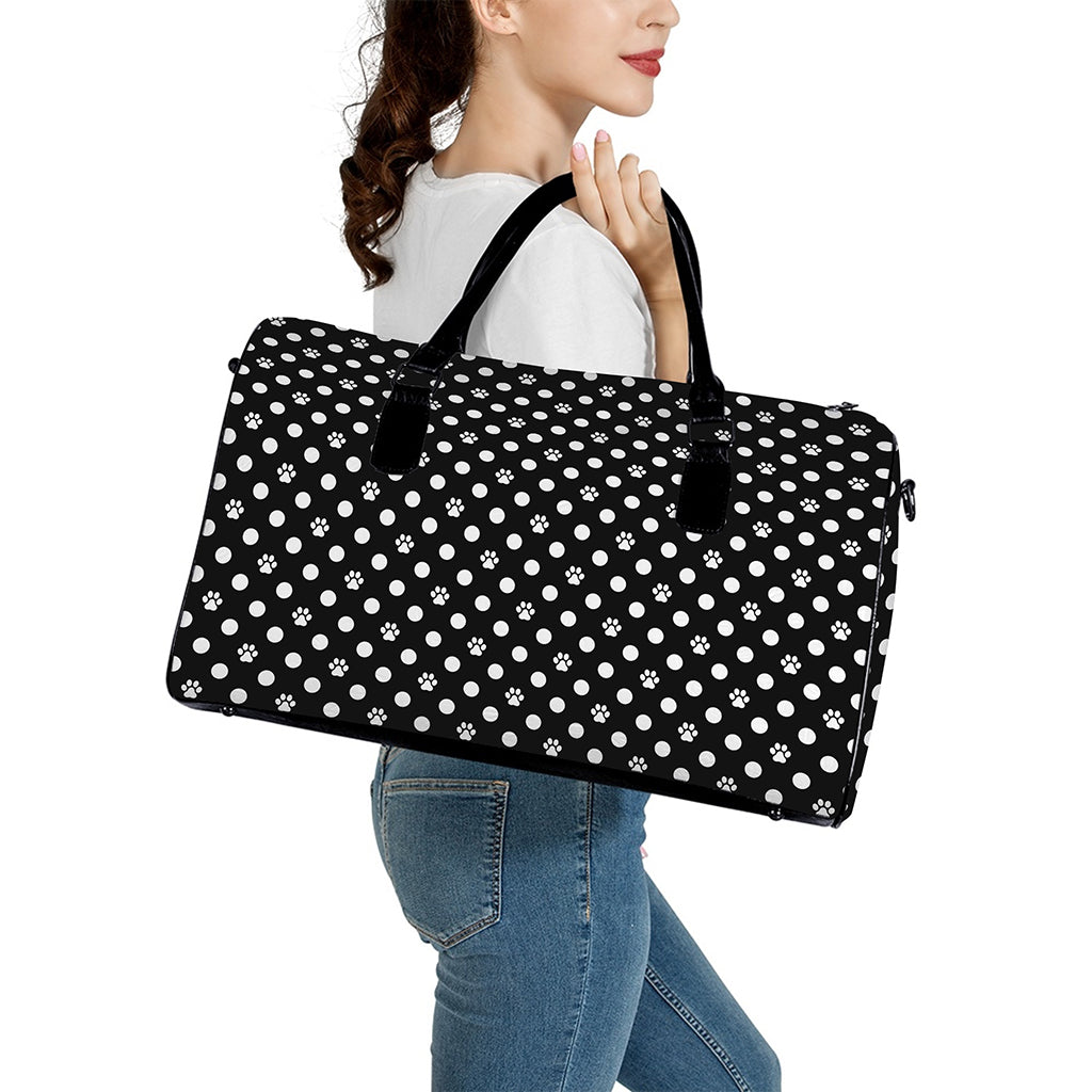 Black And White Paw And Polka Dot Print Leather Duffle Bag