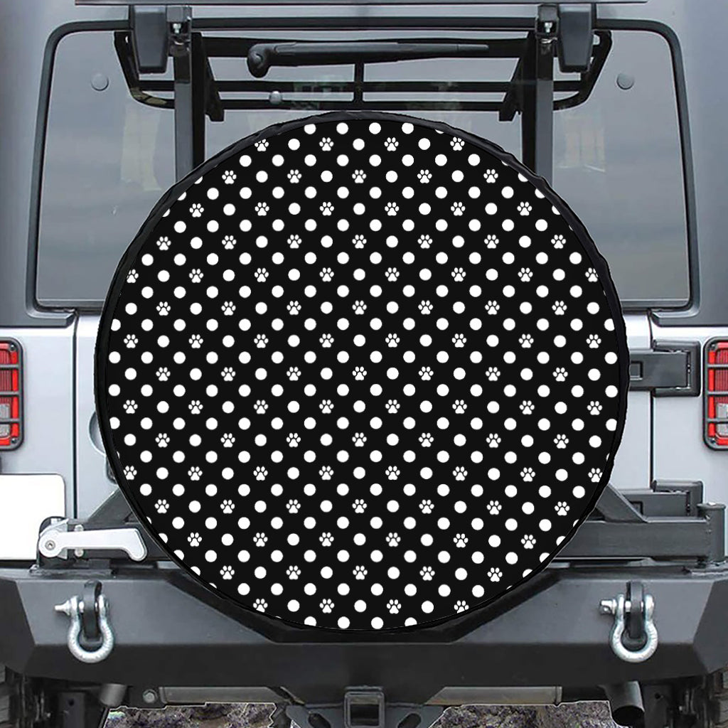 Black And White Paw And Polka Dot Print Leather Spare Tire Cover