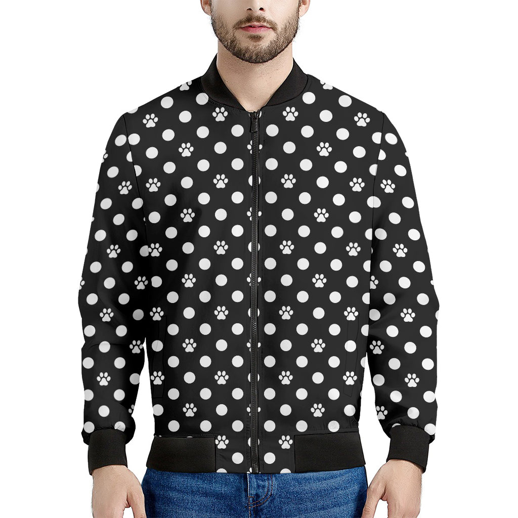 Black And White Paw And Polka Dot Print Men's Bomber Jacket
