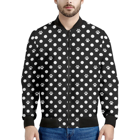 Black And White Paw And Polka Dot Print Men's Bomber Jacket