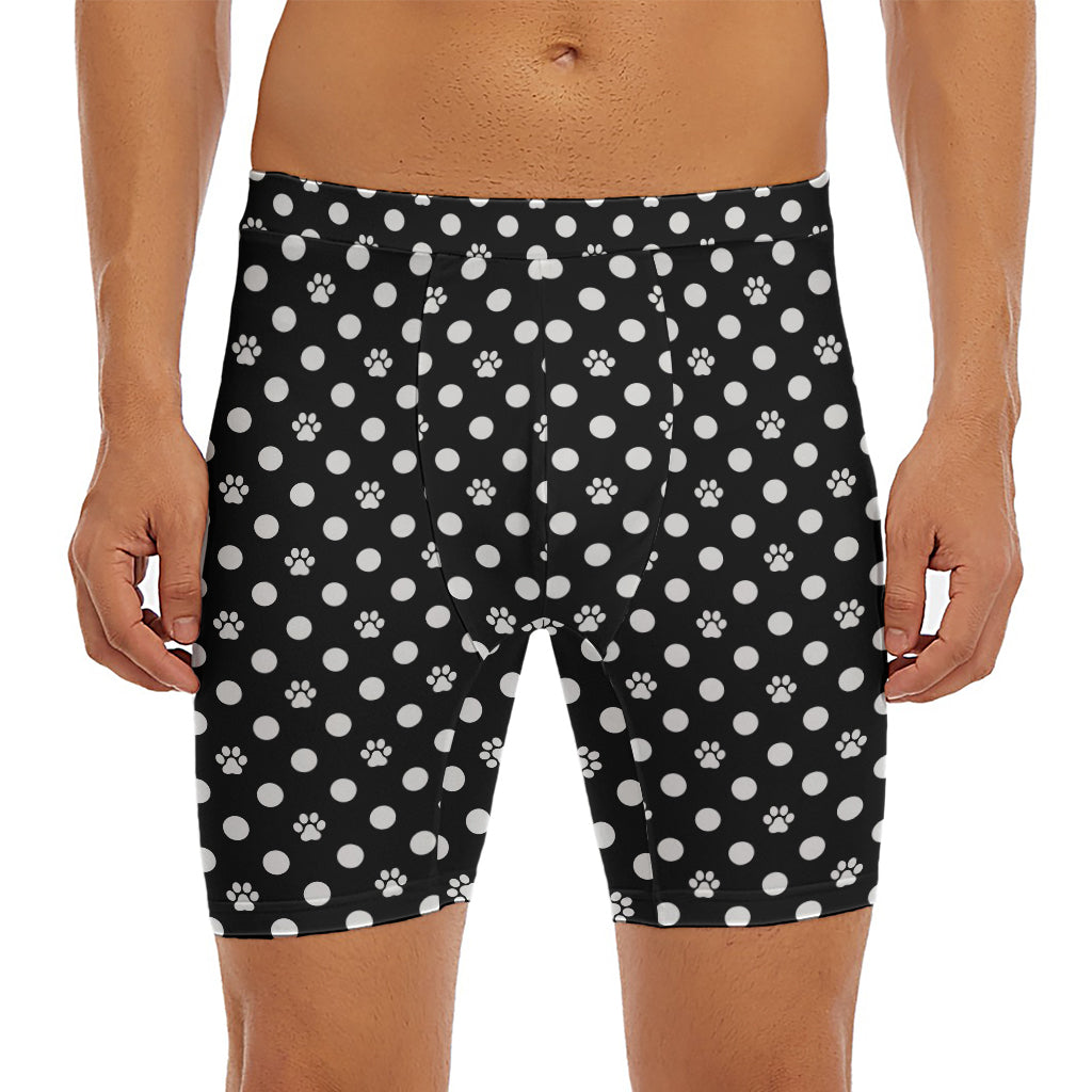 Black And White Paw And Polka Dot Print Men's Long Boxer Briefs