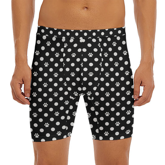 Black And White Paw And Polka Dot Print Men's Long Boxer Briefs