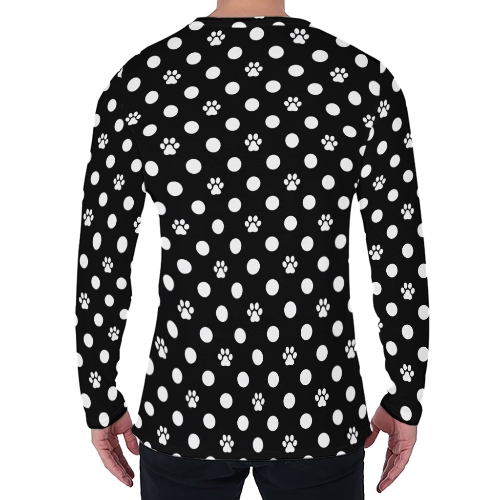 Black And White Paw And Polka Dot Print Men's Long Sleeve T-Shirt